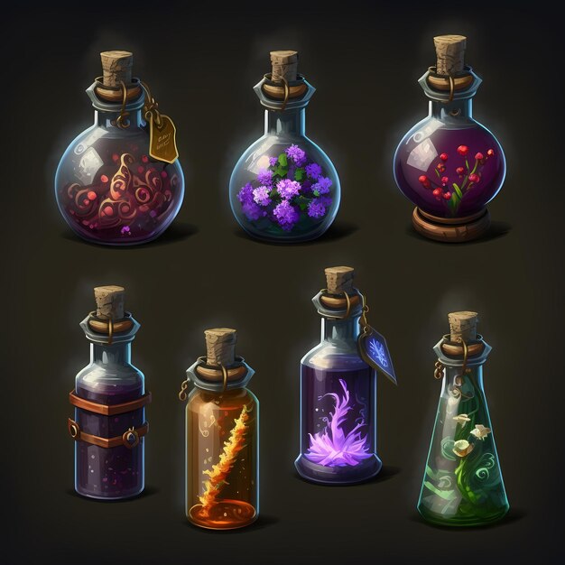 Foto una colección de botellas con líquido de diferentes colores.