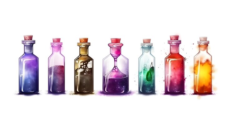 Una colección de botellas de líquidos de diferentes colores con las palabras magia