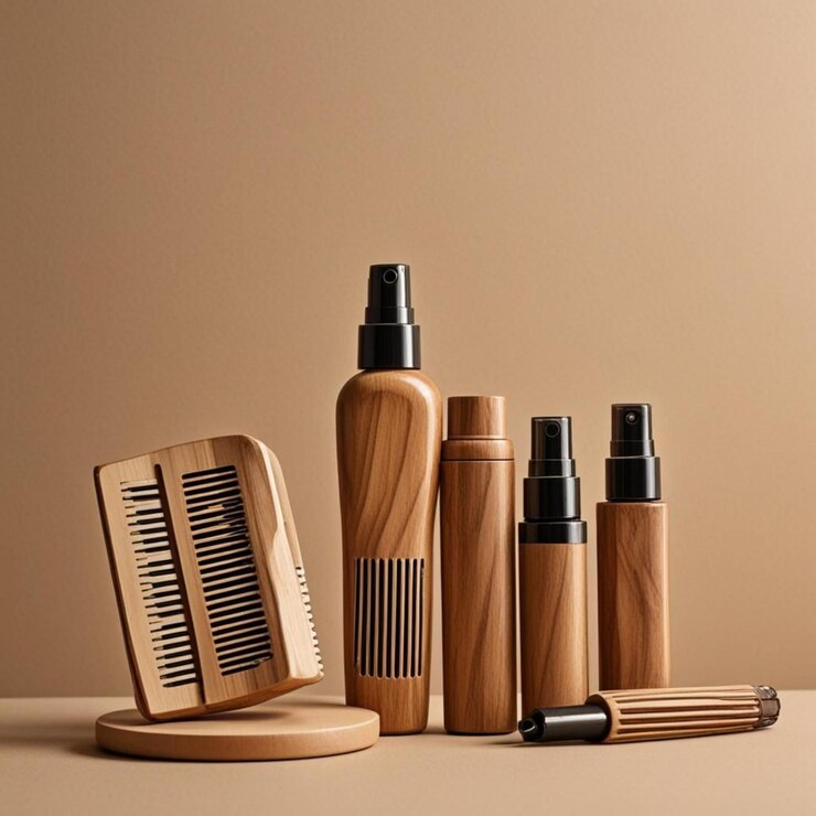 Colección de botellas de madera con tapas de cepillo Elegante maqueta de embalaje ecológico