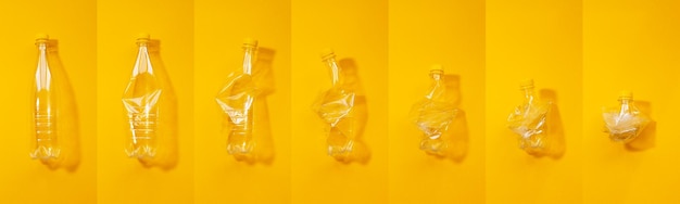 Colección de botellas de plástico recicladas vacías de collage de fotos lleno a arrugado sobre fondo amarillo Vista panorámica de la pancarta