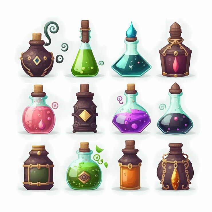 Foto una colección de botellas para pociones mágicas.