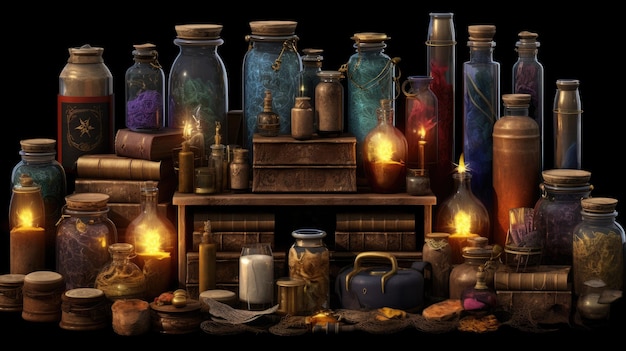 Una colección de botellas y tarros con la palabra magia en ellos.