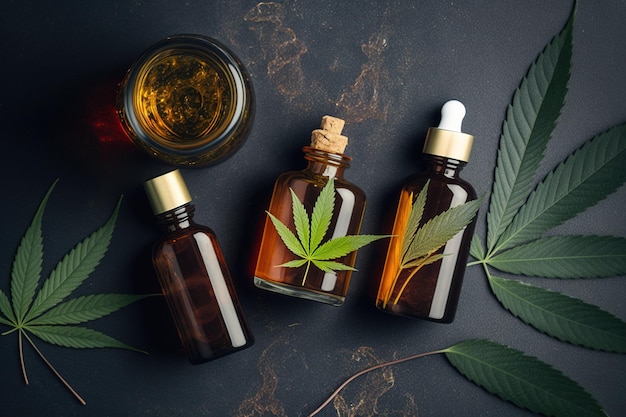 Colección de botellas de vidrio con aceite de CBD y tintura de THC en varios tamaños y formas IA generativa