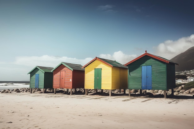 una colección de cabañas de playa de colores brillantes alineadas en fila encima de una playa de arena