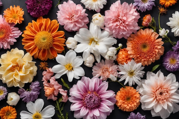 Colección de cabezas de flores aisladas en fondo negro Tarjeta Set de hora de primavera Colocación plana Vista superior