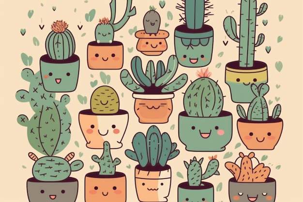 Una colección de cactus con diferentes caras.