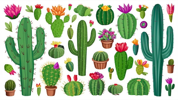 una colección de cactus y flores, incluida una que tiene la palabra flores en ella