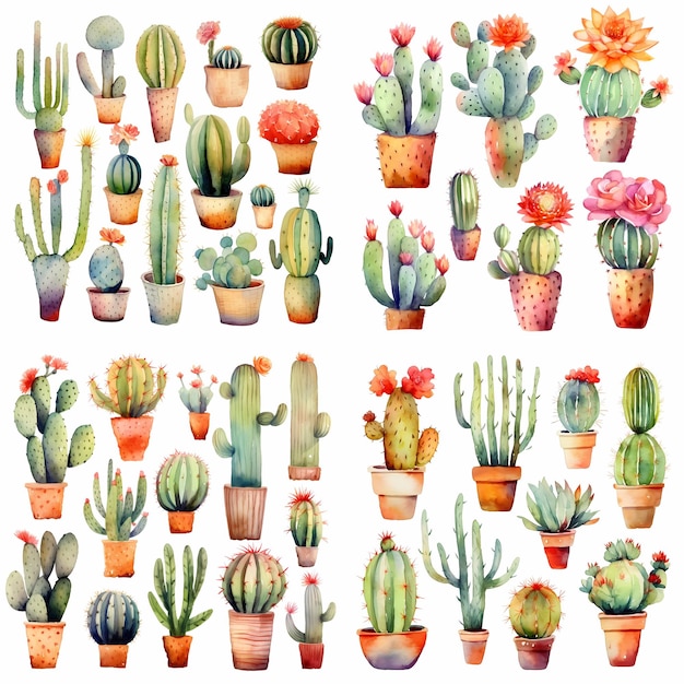 Una colección de cactus y macetas de cactus con diferentes colores.