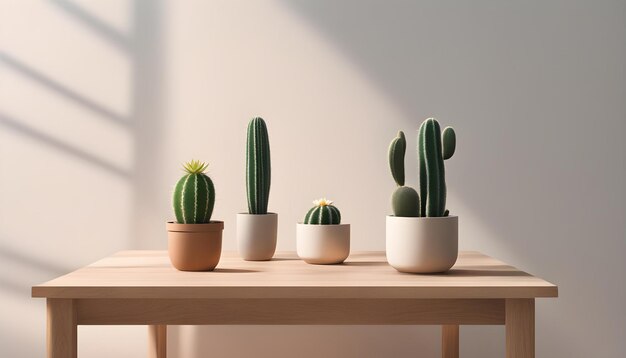 una colección de cactus en ollas en una mesa