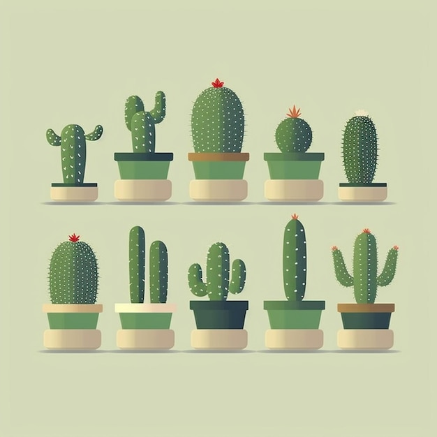 Una colección de cactus sobre un fondo verde.