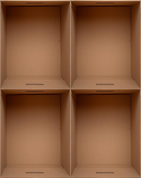 Colección de cajas de cartón abiertas vacías para cosas de primer plano Vista superior Collage de embalaje