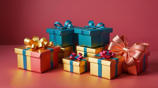 Una colección de cajas de regalos coloridas con un fondo rojo.