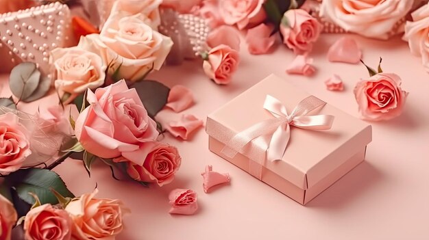 Una colección de cajas de regalos y flores rosas en fondo pastel rosa para el diseño de pancartas del día de San Valentín