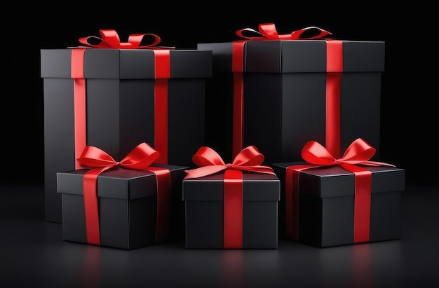 una colección de cajas de regalos negras con cinta roja y un lazo rojo