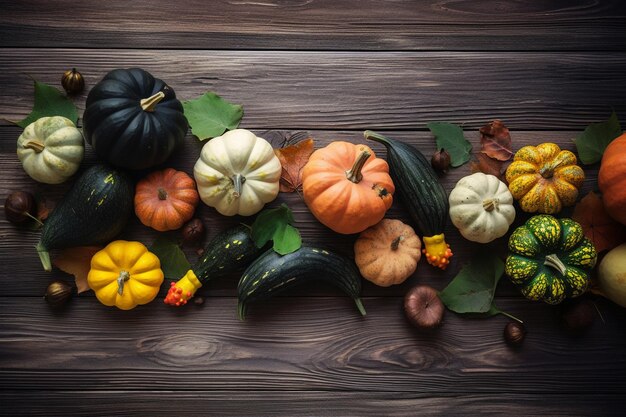 Una colección de calabazas y calabazas en una mesa de madera.