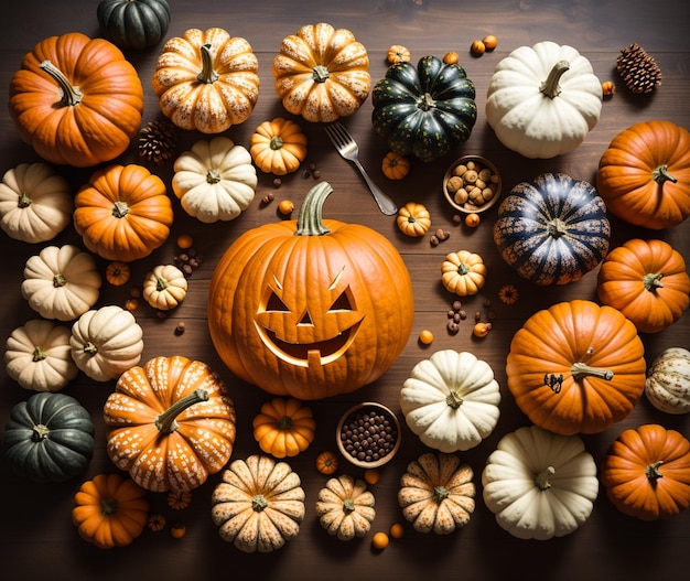 Una colección de calabazas con una cara en la parte superior.