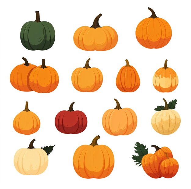una colección de calabazas de diferentes colores y de color verde y naranja.