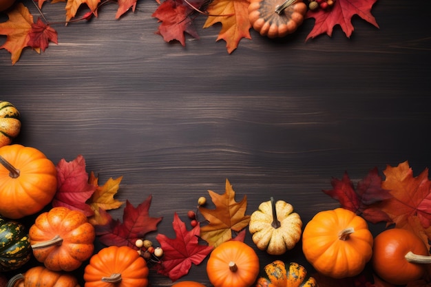 una colección de calabazas y hojas de otoño sobre un fondo oscuro.