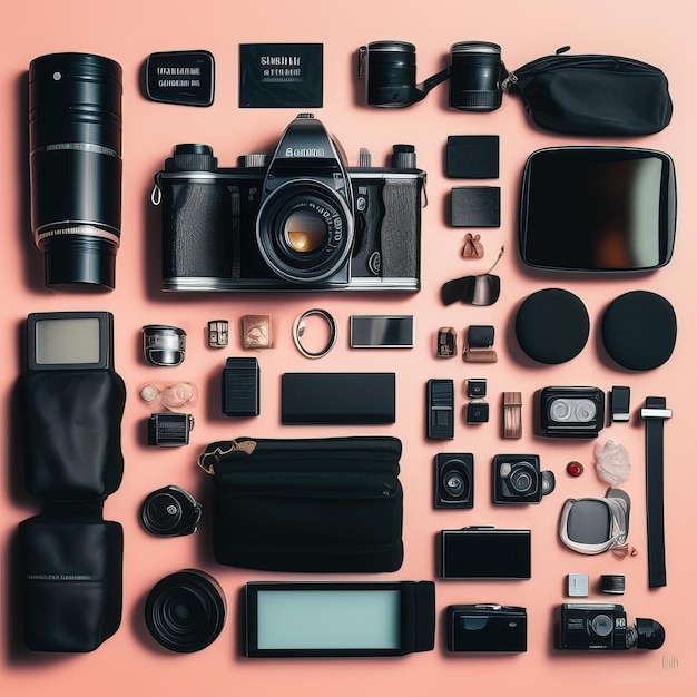 Una colección de cámaras y accesorios que incluyen una cámara, una cámara y otros artículos.