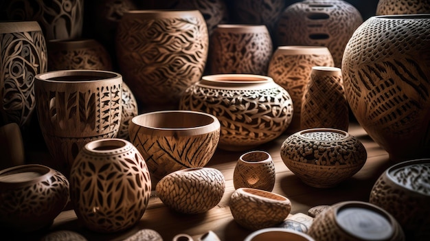 Una colección de cerámica se muestra en una mesa.