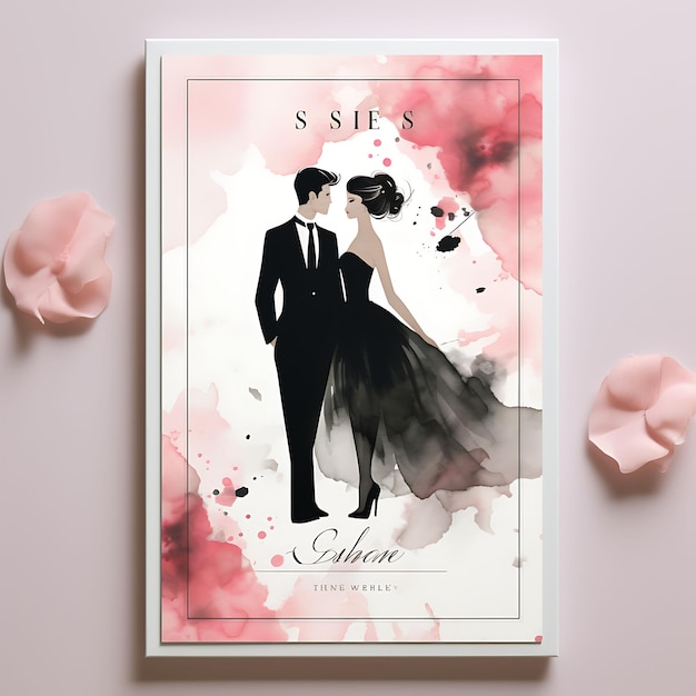 Colección chic corbata negra y rubor tarjeta de invitación de boda diseño de idea de ilustración rectangular