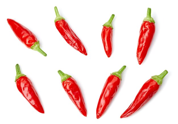 Colección de chile Red hot chili peppers aislado sobre fondo blanco Pimientos con trazado de recorte