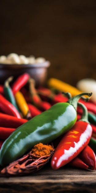 Foto colección de chiles coloridos, especias de comida mexicana, de cerca. espacio para texto