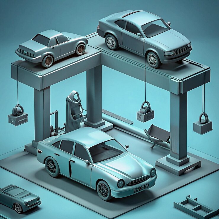 Foto una colección de coches y una gasolinera con un fondo azul
