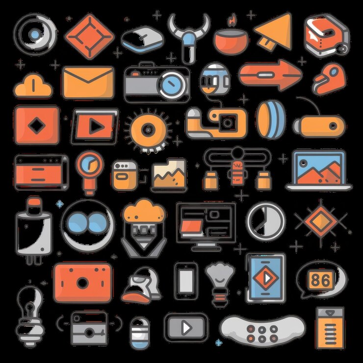Foto colección colorida de iconos digitales en fondo negro