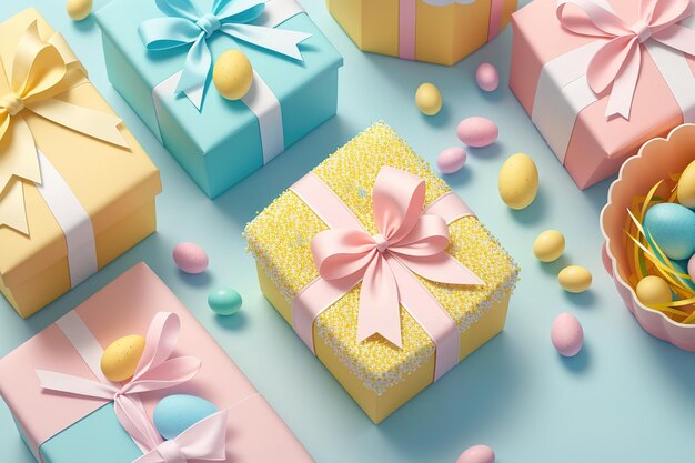 Una colección de coloridas cajas de regalo de pascua con un lazo rosa en la parte superior.