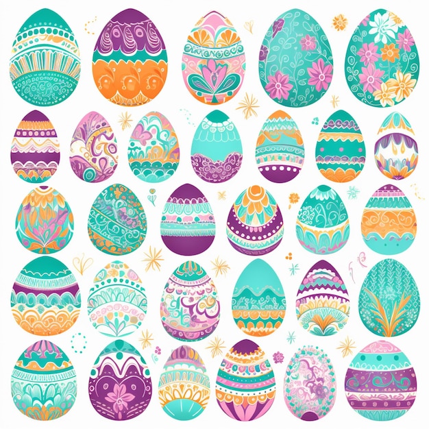 Foto una colección de coloridos huevos de pascua con diferentes patrones.