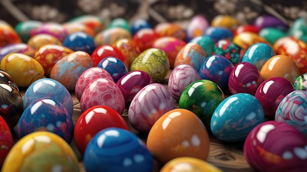 Una colección de coloridos huevos de pascua en una mesa.