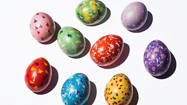 Una colección de coloridos huevos de Pascua sobre un fondo blanco.