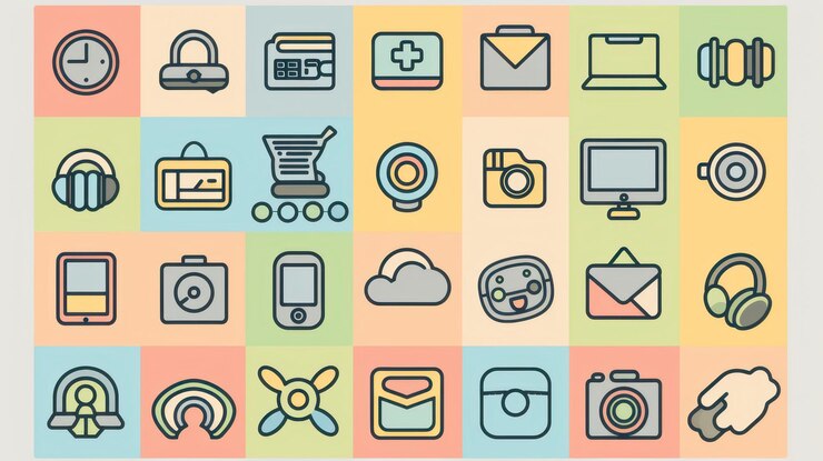 Colección de coloridos iconos planos dispuestos en un fondo de cuadrícula pastel con varios objetos