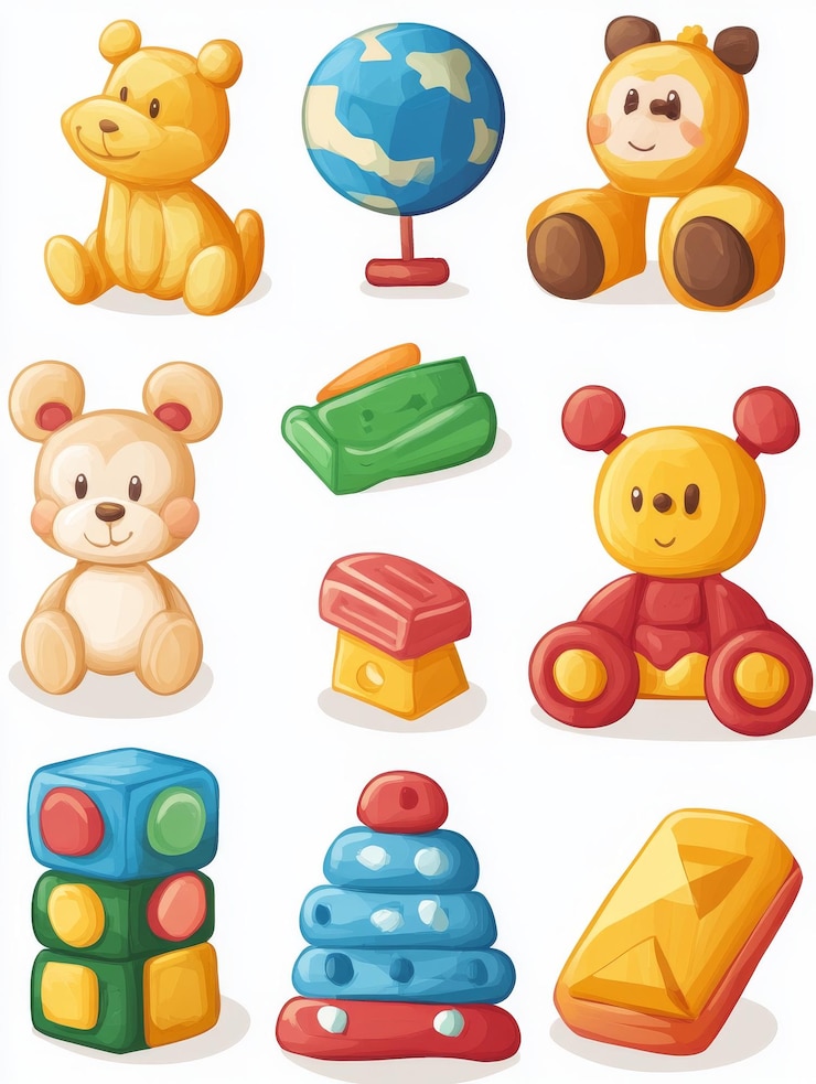 Foto colección de coloridos juguetes de dibujos animados para niños
