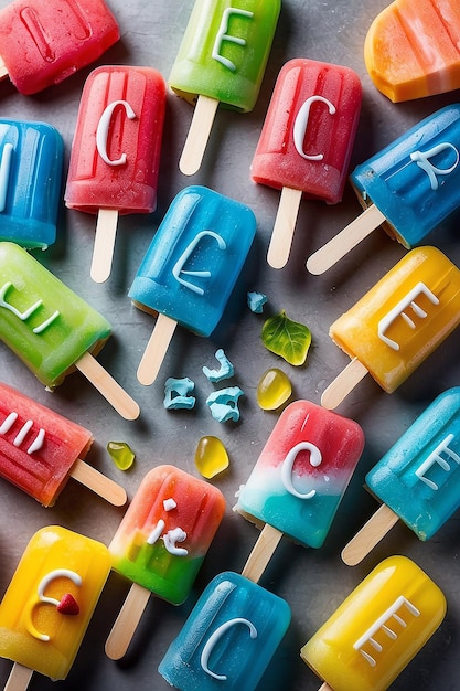 Foto una colección de coloridos lollipops de hielo con la palabra hielo en ellos