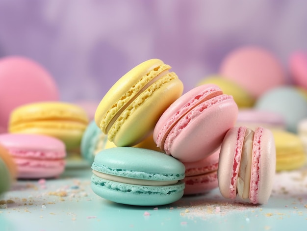 una colección de coloridos macarrones con tartas de queso.