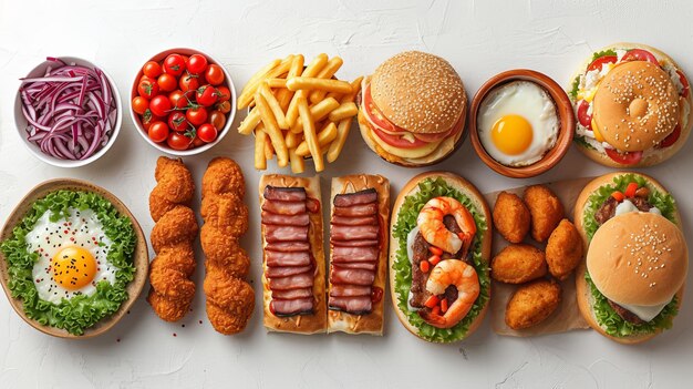 Colección de comida rápida aislada sobre un fondo blanco Pollo frito, papas fritas, pizza, sándwiches, nuggets de pollo, huevos y tocino, shawarma y camarones.