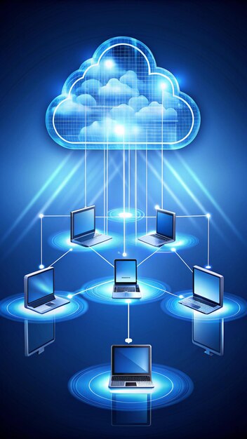 una colección de computadoras con un fondo azul con nubes y el cielo