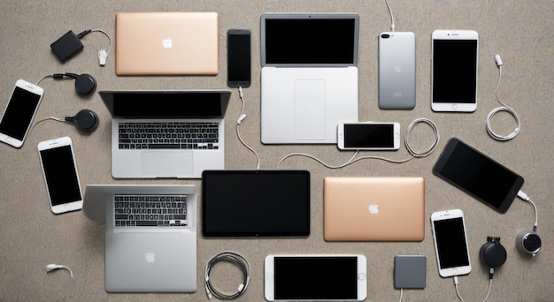 una colección de computadoras portátiles de manzana y computadoras portáticas de manzana están en una mesa