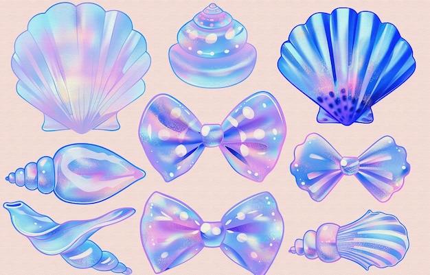 una colección de conchas azules y rosas y una concha azul