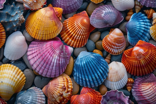 Colección de conchas de color en Pebbled Shore Primer plano de conchas vibrantes esparcidas por una playa de guijarros que muestran la variedad de la naturaleza