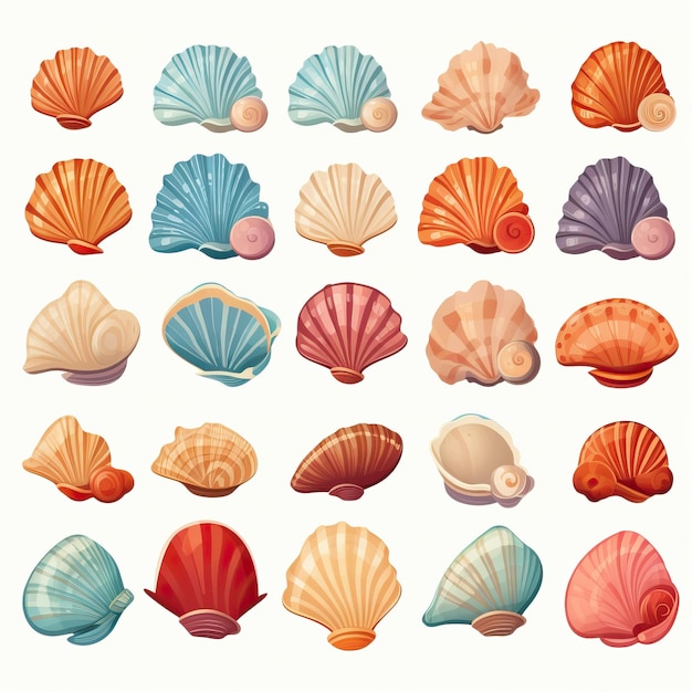 una colección de conchas marinas y conchas de diferentes colores