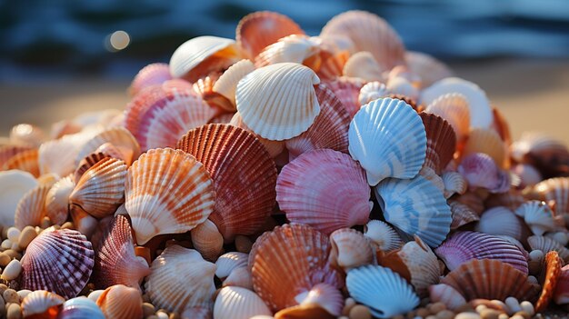 Colección de conchas multicolores belleza en la naturaleza mar con mar