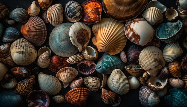 Una colección de conchas multicolores decora un fondo de pantalla de la costa tropical generado por IA