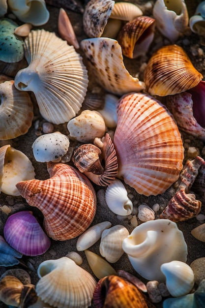 Una colección de conchas en una playa.