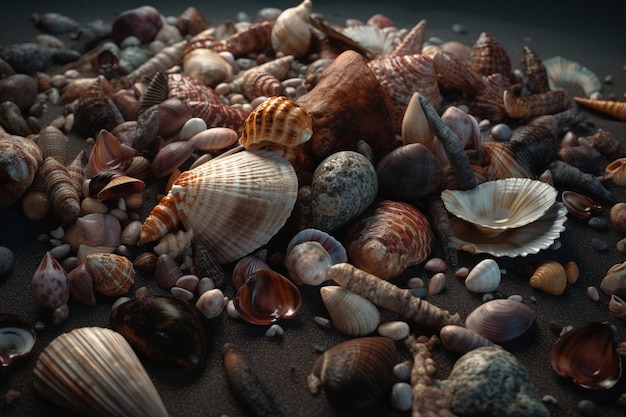 Una colección de conchas en la playa.