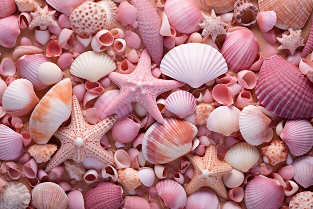 Una colección de conchas rosadas en una playa de arena