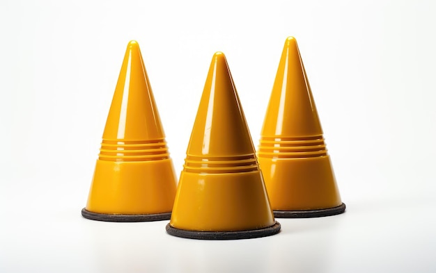 Foto colección de conos amarillos de entrenamiento de fútbol aislados sobre un fondo blanco
