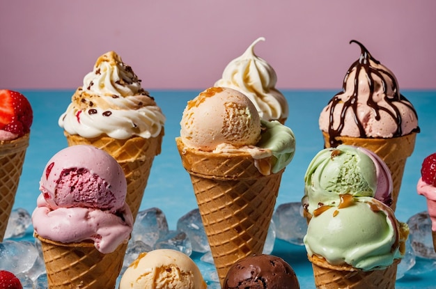 una colección de conos de helado con helado en ellos